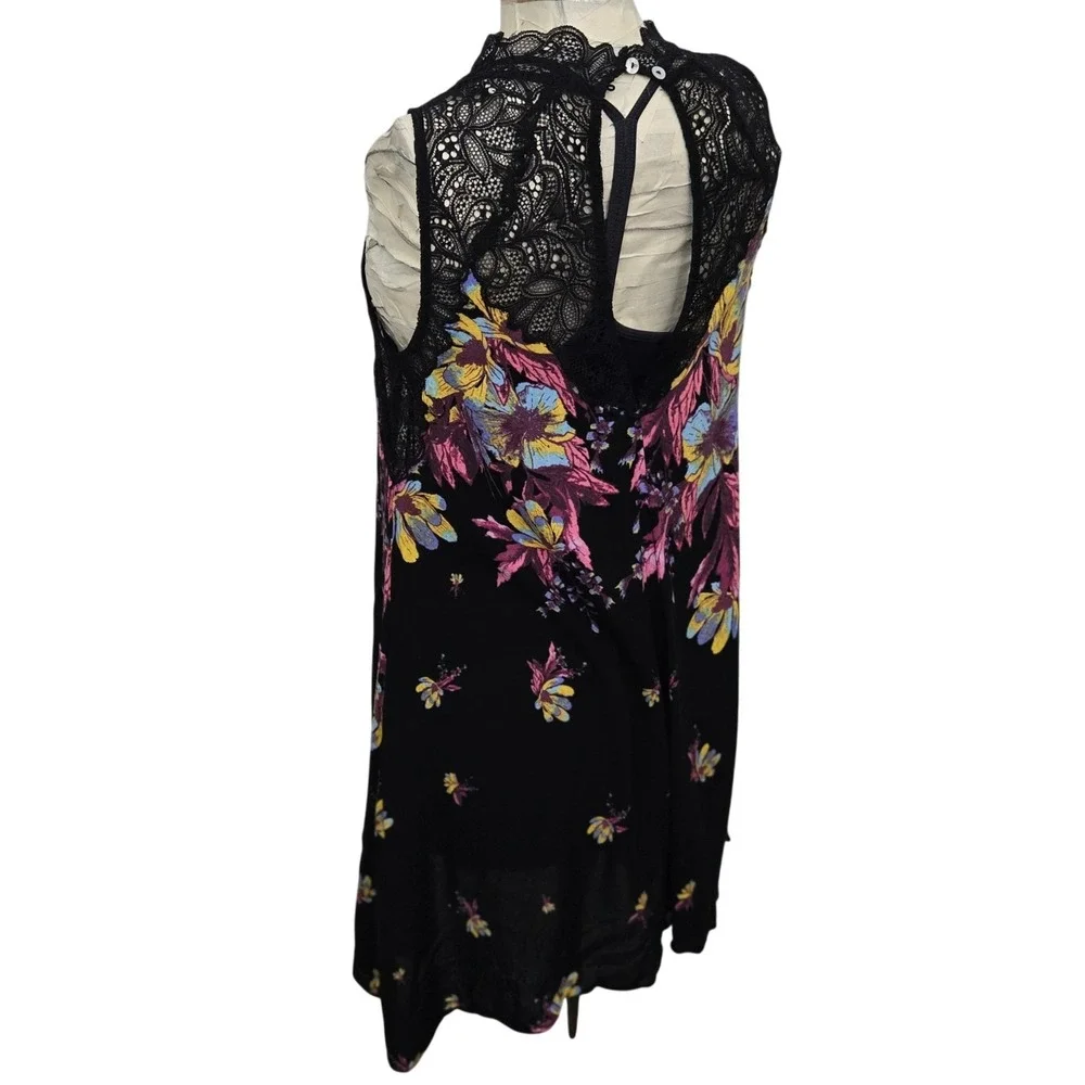 Intimately Free People Voile & Lace‎ Trapeze Slip Dress Black Floral Racerback S